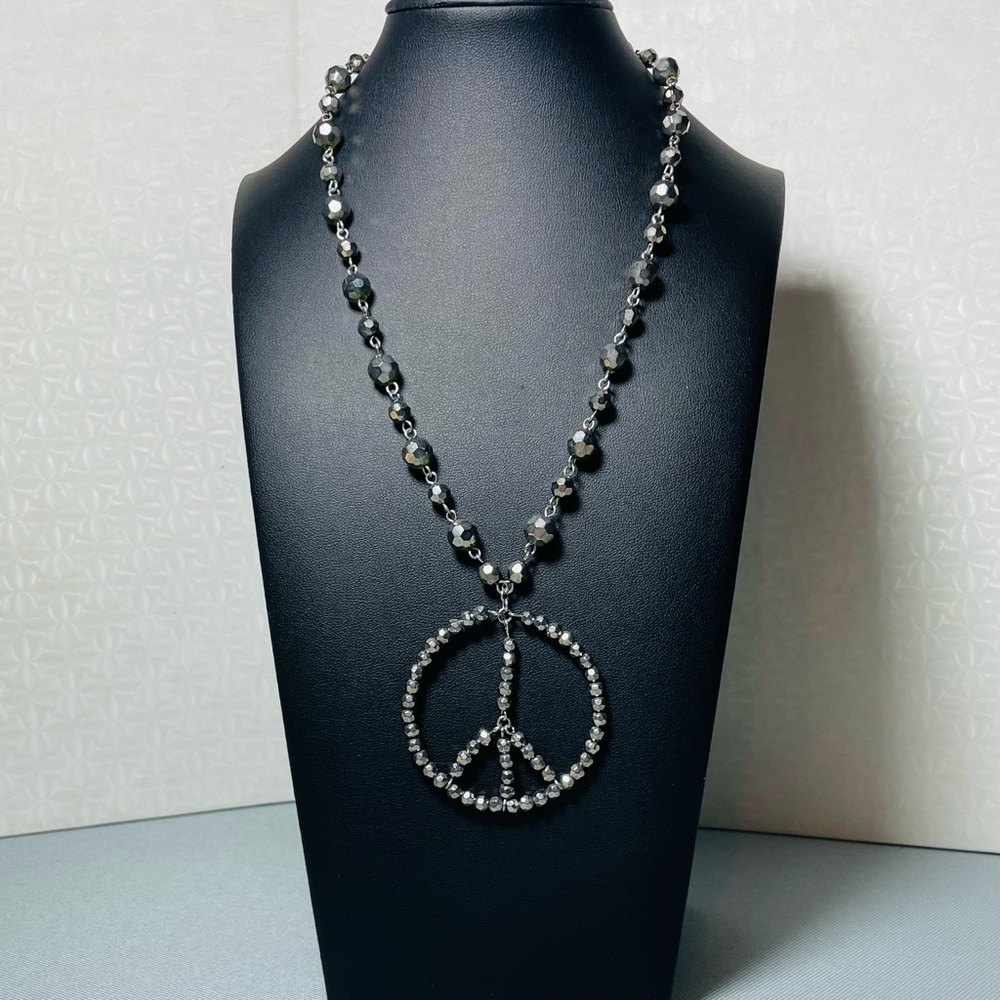 Silver Bead Peace Sign Necklace